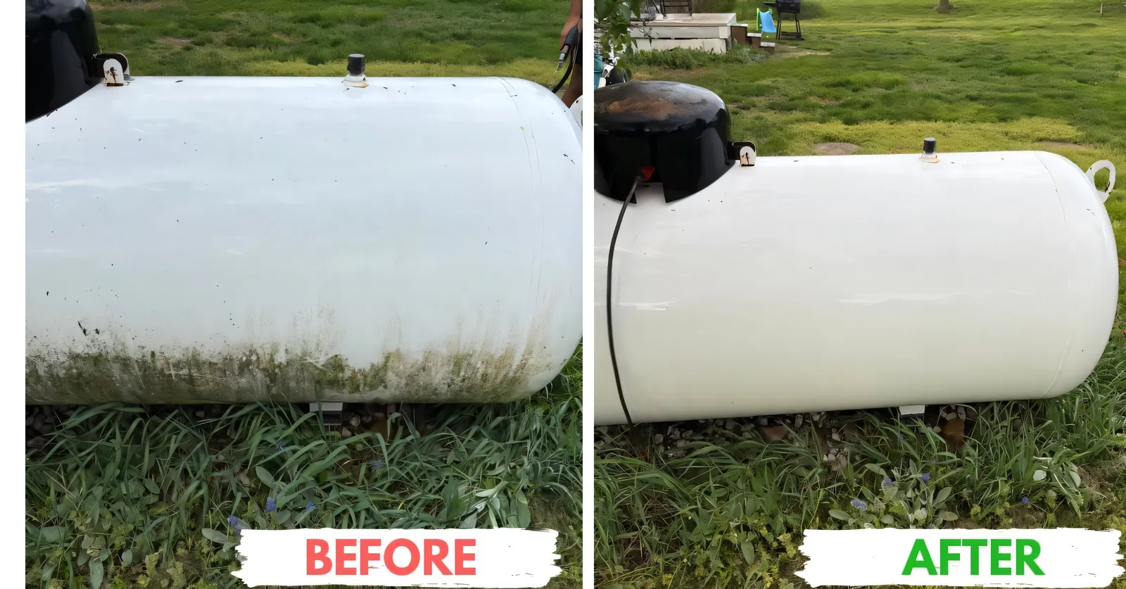 Before and after gutter cleaning — dirty left, brightened right