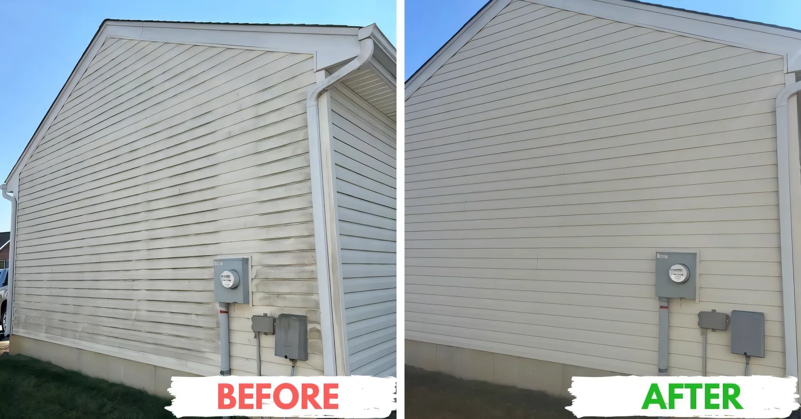Before and after siding cleaning — stained left, restored right